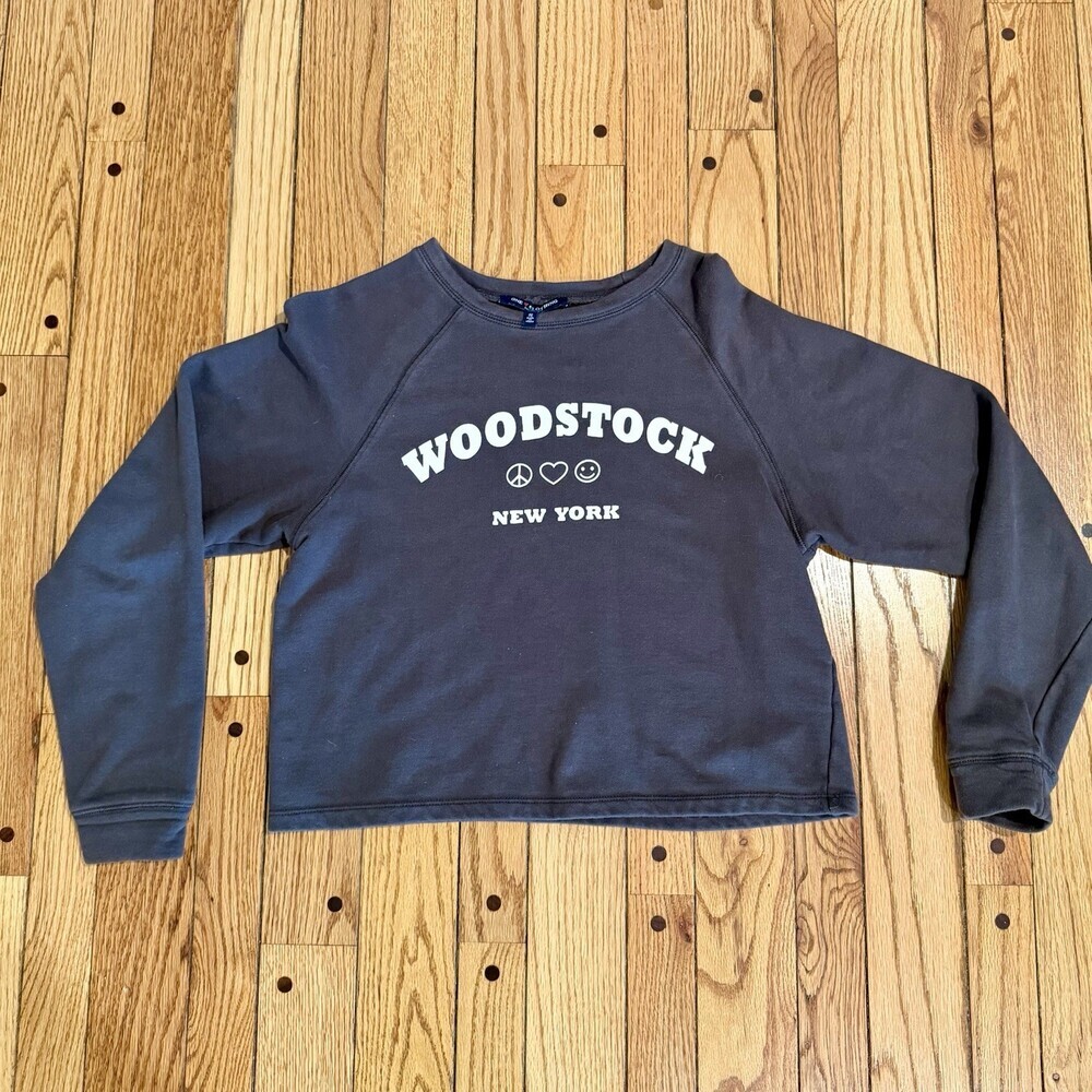 Womens Woodstock Sweatshirt Small Gray Cropped Graphic Peace New York Pullover